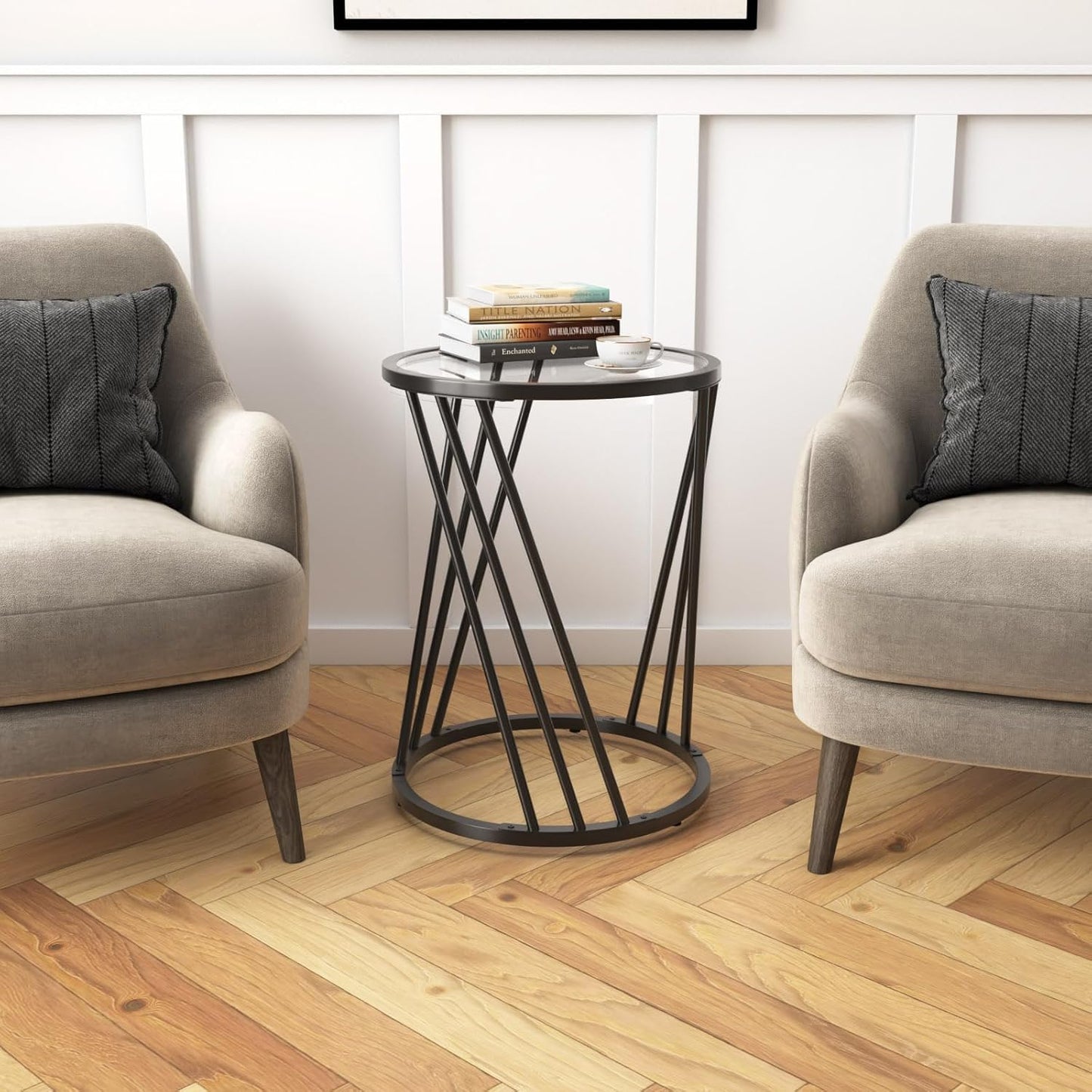 Round Side Table, Modern End Tables for Living Room Office Small Spaces, Glass Black End Table with Metal Frames, Nightstand for Bedroom, Bedside Furniture, Easy Assembly