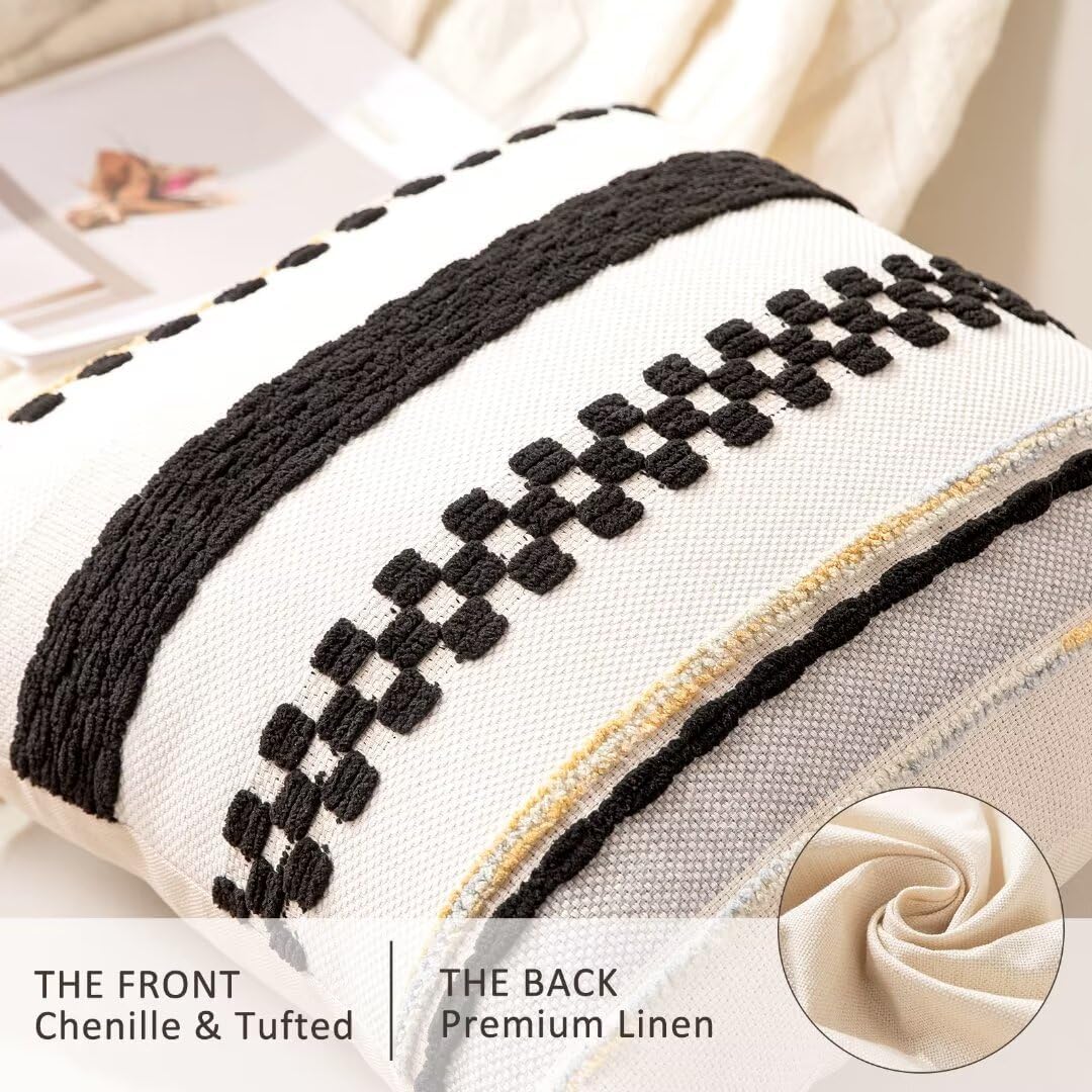 Boho Throw Pillow Covers 18x18 Set of 2 Farmhouse Decorative Cushion Case Striped Square Pillows Cover Chenille Pillow Cases Accent Neutral Pillowcase for Sofa Couch Bed,Black