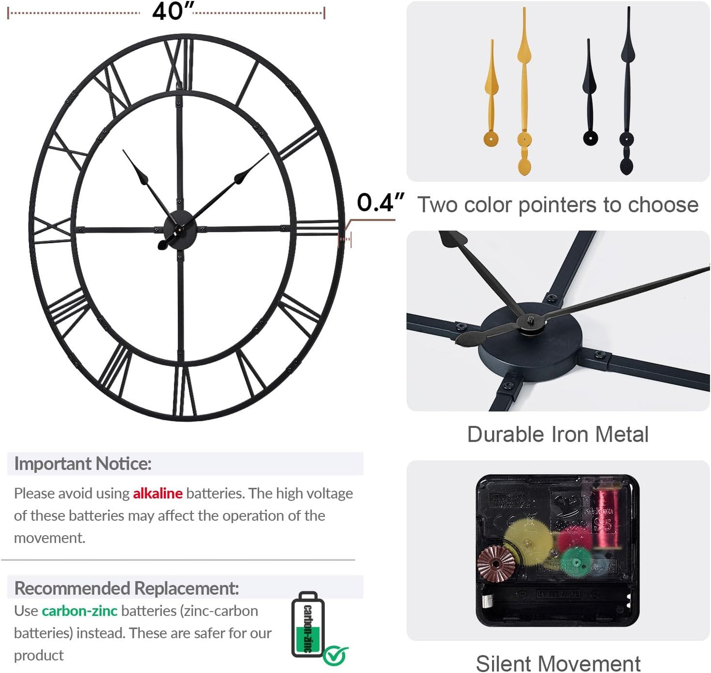 Extra Large 40 Inch Wall Clock for Living Room Decor – Silent Non-Ticking Modern Farmhouse Wall Clock, Oversized Decorative Metal Roman Numeral Clock, Black