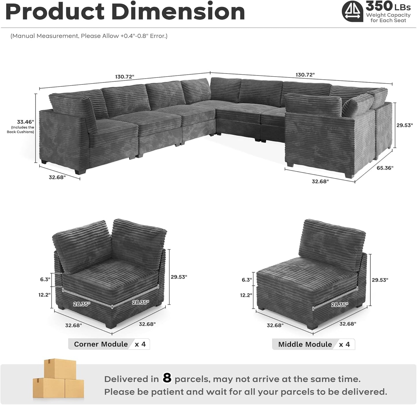 ovios Sectional Sofa Couch with U-Shape Chaise Oversized, Comfy Modular Cloud Couches with Deep Seat, Modern Upholstered Plush Corduroy Sofas Set for Living Room, 8-Seater, Grey