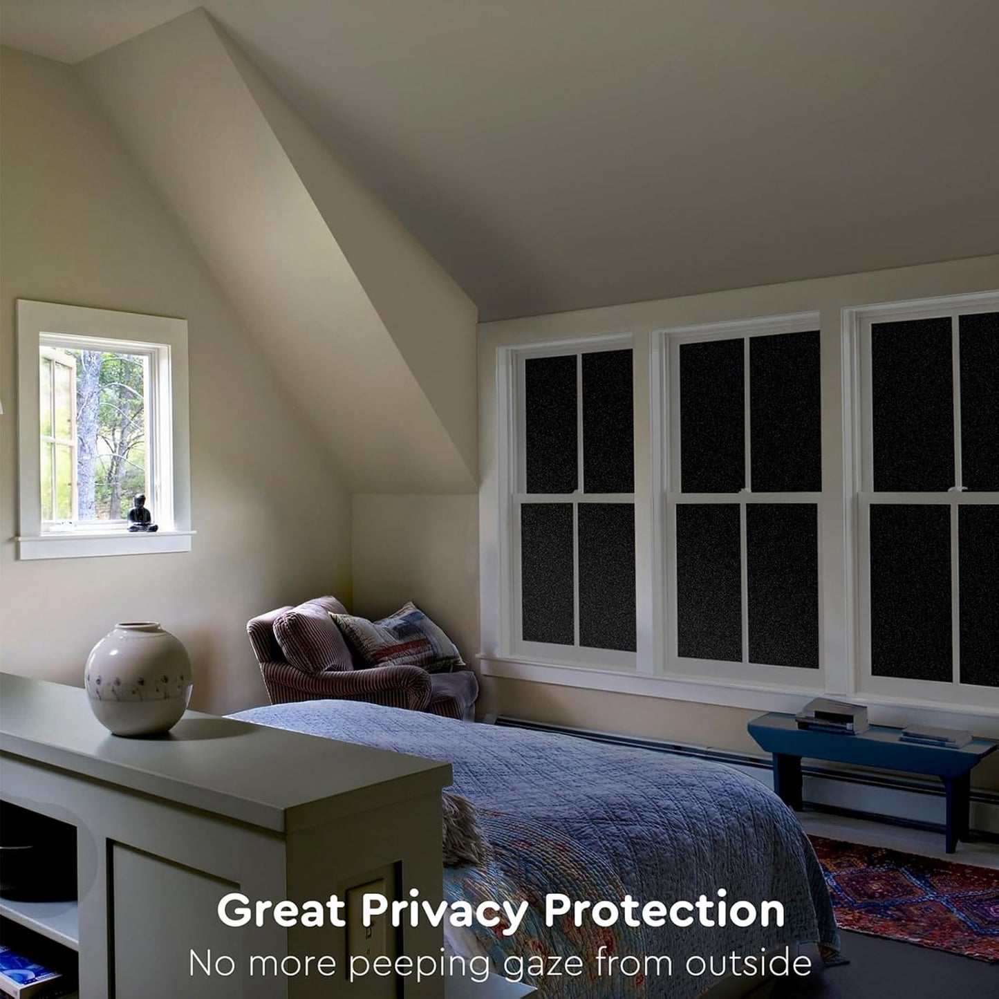 Kromapolis Blackout Window Privacy Film Total Light Blocking Room Darkening Window Covering, Removable Static Cling Frosted Glass Tint, Non-Adhesive, Black 17.5'' x 157.4''