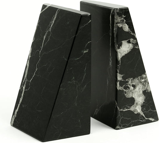 Bey-Berk Black Zebra Marble Bookends, Black ? 7.25" Tall, White Veins, Heavy-Duty Triangular Stone Book Stopper