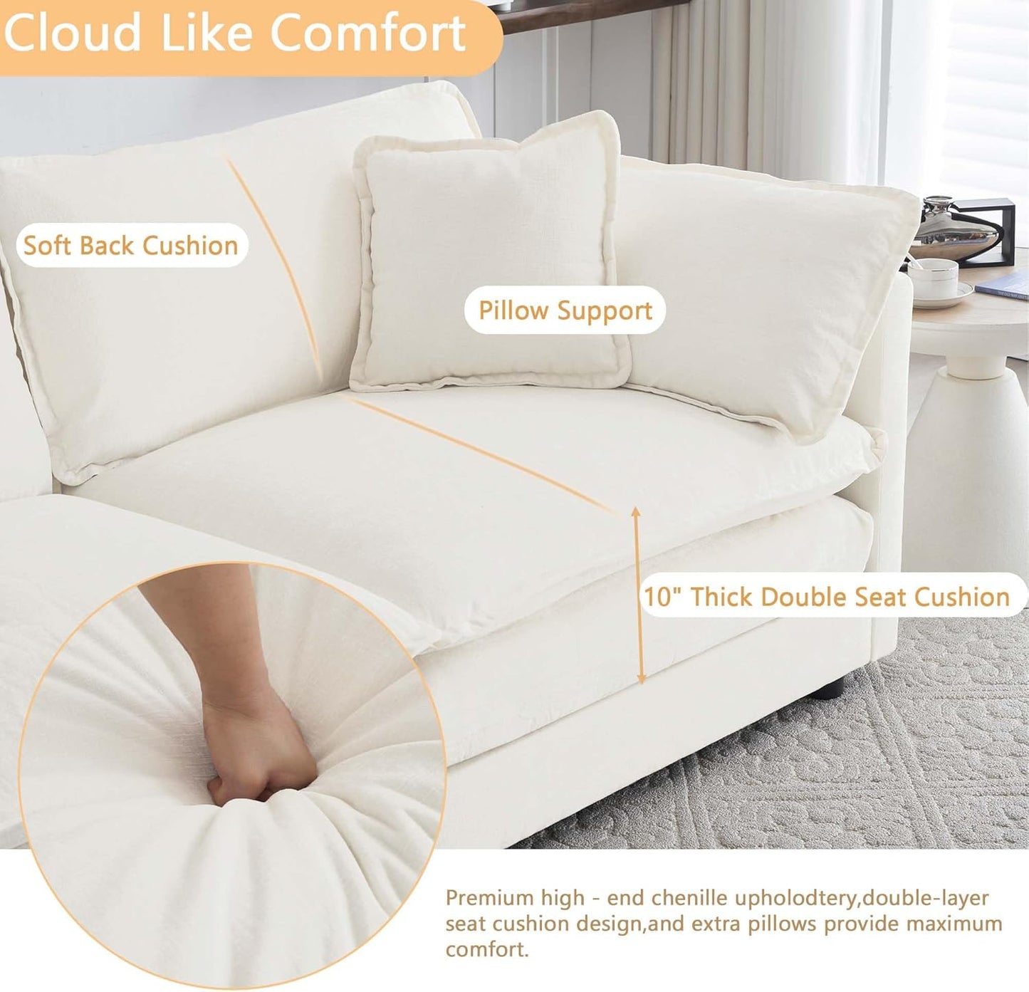 Sectional Sofa 3 Seater with Movable 1 Ottoman,Oversized Modular Couch Deep Seat (Beige, 111.5 inch-L)