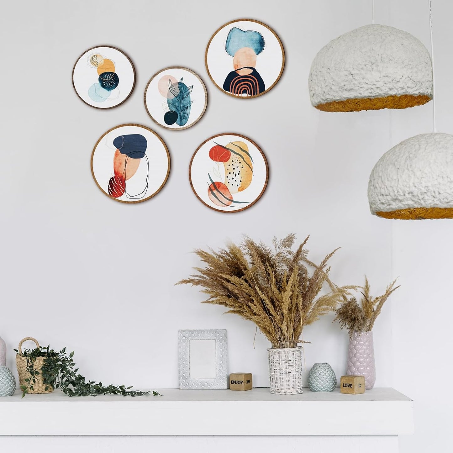 Qunclay 5 Pcs Wall Art Decor Wooden Living Room Wall Decor Bohemian Hanging Farmhouse Geometric 10'' and 8'' Aesthetic Wood Minimalist Posters for Bedroom(Geometry)