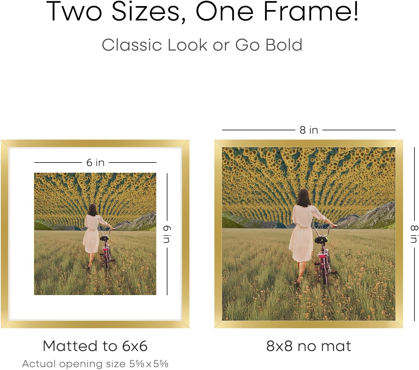 Homeforia 8x8 Picture Frame Gold, High End Metal 8 x 8 Square Photo Frames with Mat 6 by 6, 8x8 Poster Frame Matted to 6x6 inches Print, 8by8 Wall or Tabletop Frame, Tempered Glass, Wall Kit, Set of 1