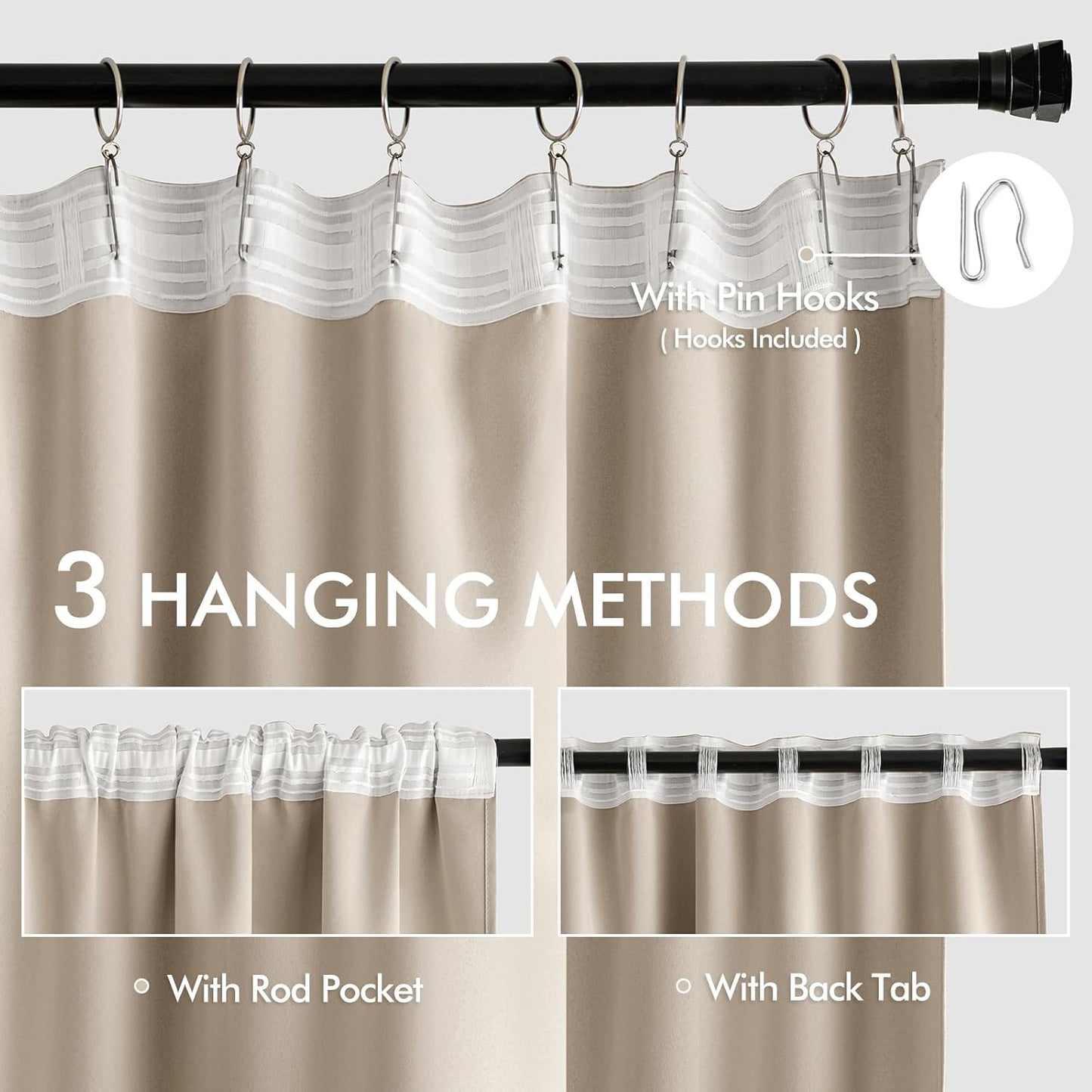 MIULEE Taupe Back Tab Blackout Curtains 102 Inch Long 2 Panels Set for Bedroom, Rod Pocket/Pinch Pleated Thermal Insulated Living Room Darkening Light Blocking Floor to Ceiling Drapes