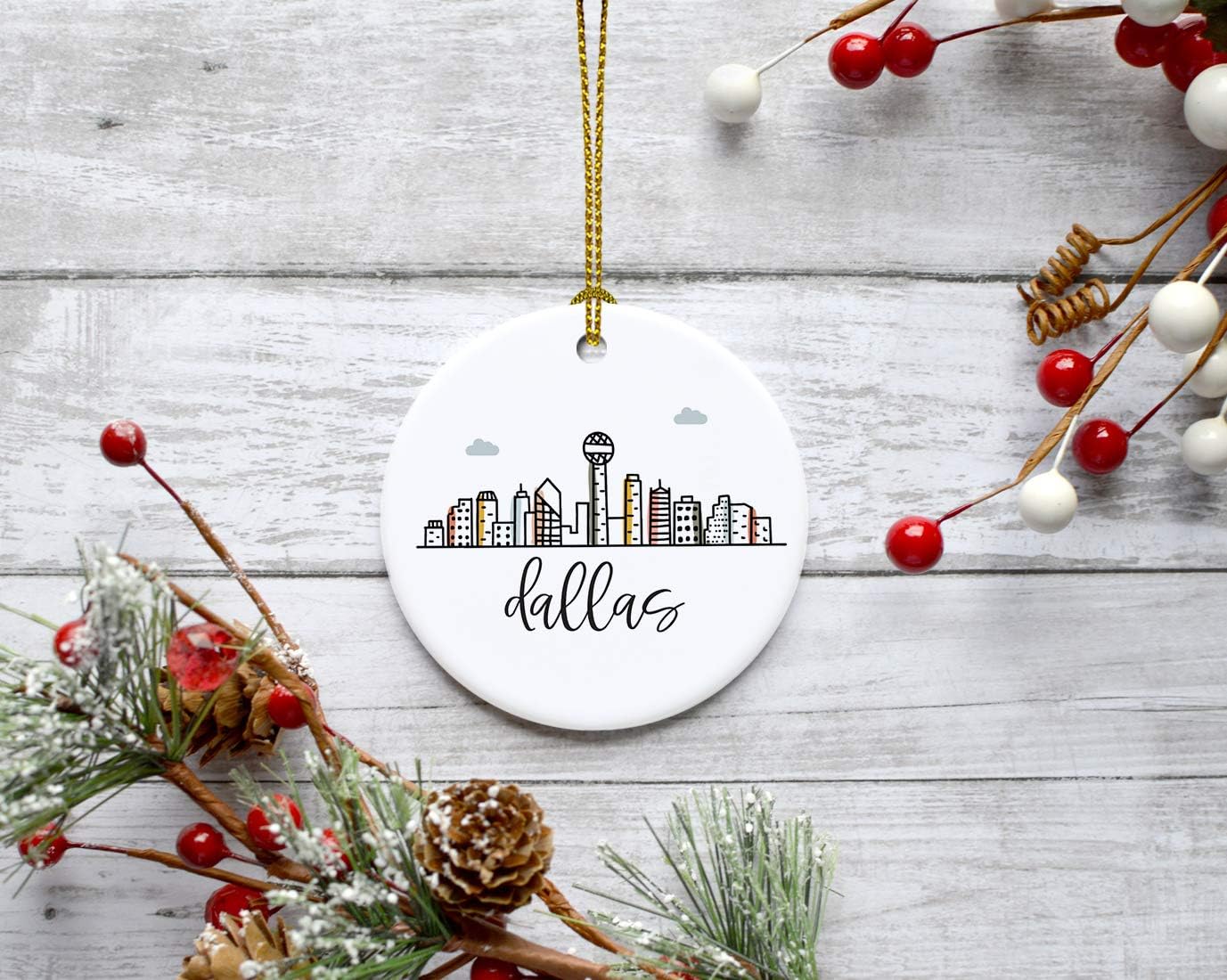 Andaz Press Round Ceramic Porcelain Christmas Tree Ornament Keepsake Gift, Colorful Dallas City Skyline, 1-Pack, Birthday Ideas Family Coworker Gift, Includes Box