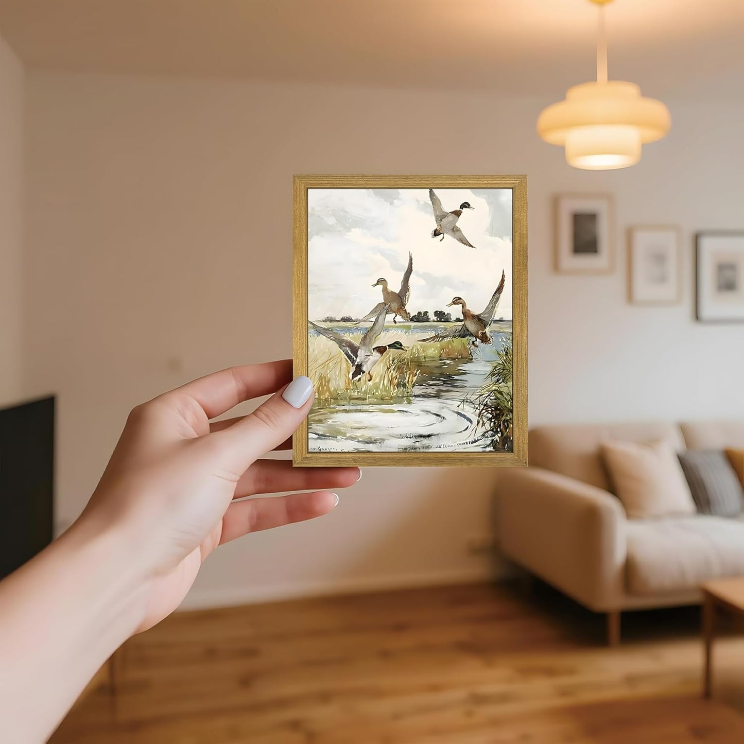 Framed Vintage Duck Wall Art Print, Rustic Mallard Watercolor Canvas Poster Wall Decor, Country Wildlife Bird Illustration for Farmhouse Living Room Kitchen Bedroom Decor 8x10 Inch