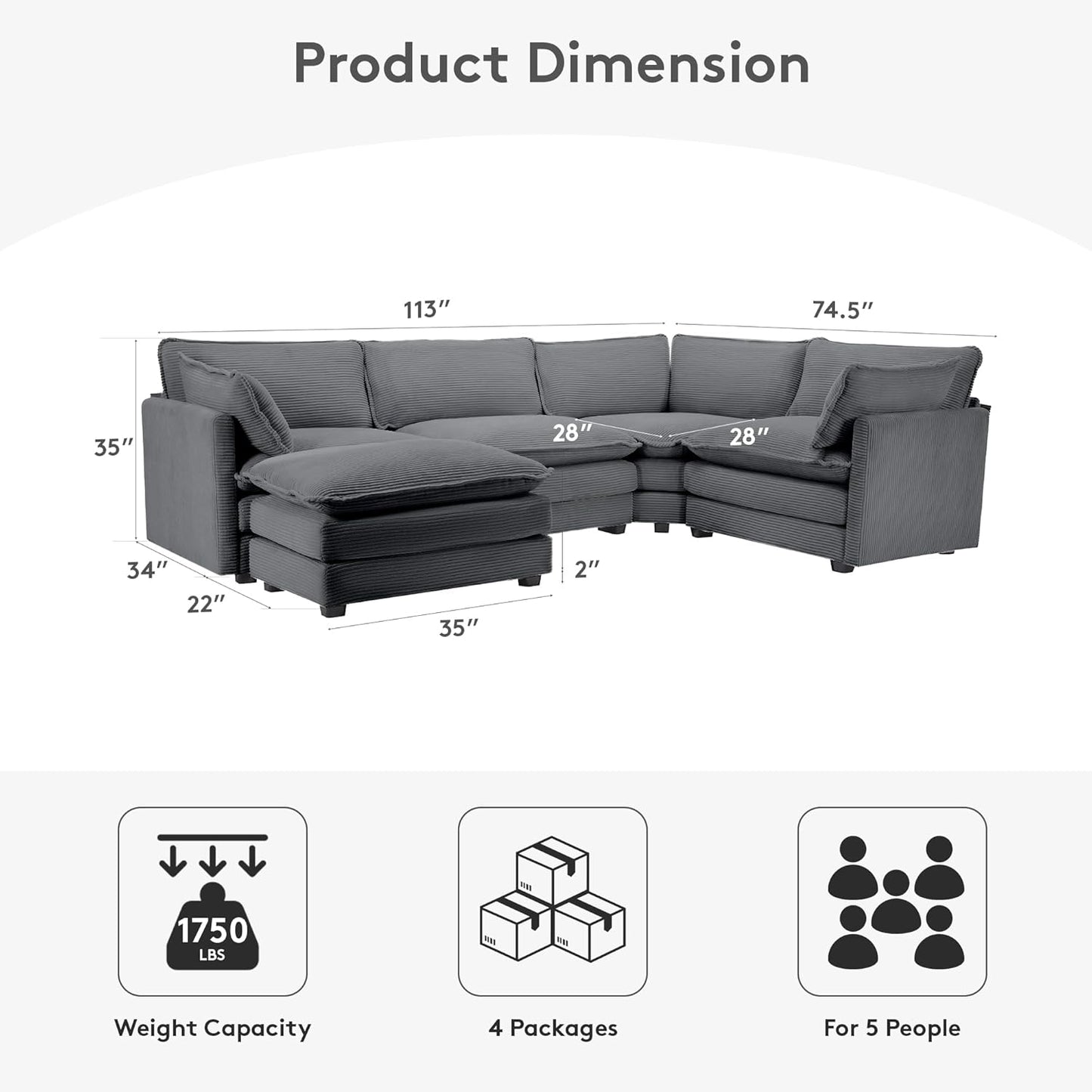 ROWHY 113'' Modular Sectional Cloud Couch, 5 Seater Corner Sofa Big Comfy Corduroy Oversized L Shaped Couch with 2 Pillows, Ottoman, Deep Seat Sectional Couches for Living Room Office, Dark Grey