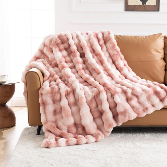 Cozy Faux Fur Throw Blanket for Couch-Warm Fuzzy Throw Blanket, Soft Plush Thick Bubble Blankets for Bedroom and Living Room, Furry Luxury Blanket, 50 x 60, Tie-Dye Pink