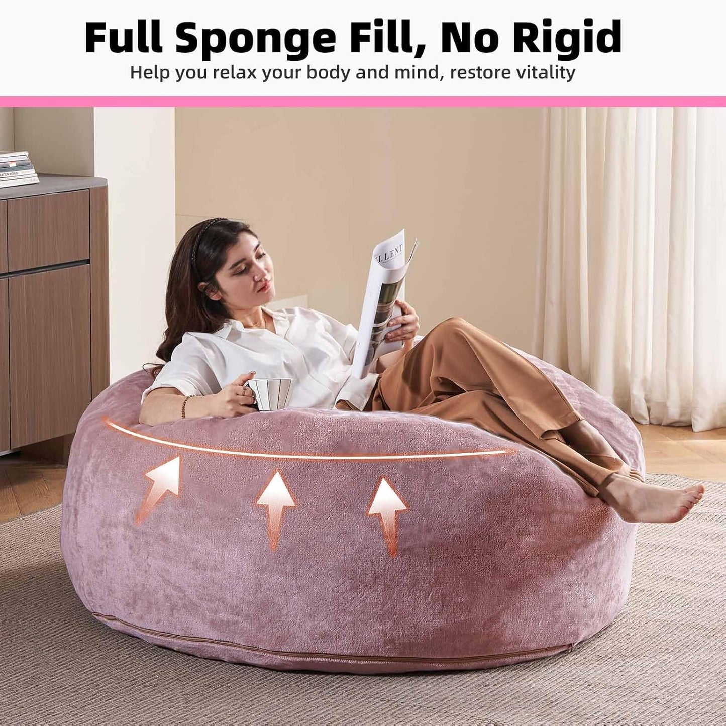 5FT，Big Bean Bag Chairs for Adults，Large beanbag with Filler Included，Memory Foam Material，Easy to Clean and Washable Corduroy Fabric，Suitable for Living Room and Bedroom (Pink, 5 Foot)