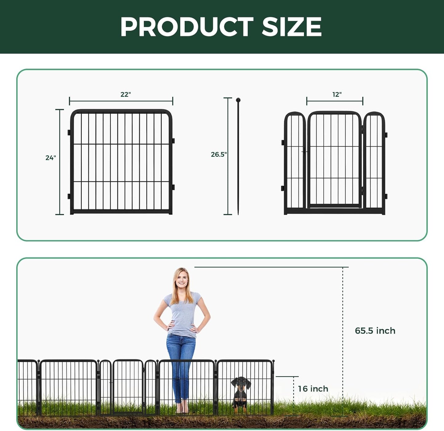 FXW Garden Fence Outdoor for The Yard – 24in(H) x 59.3ft(L) Heavy Duty Metal Animal Barrier for Dog and Rabbit, Decorative Dog Fence, 32 Panels, Black