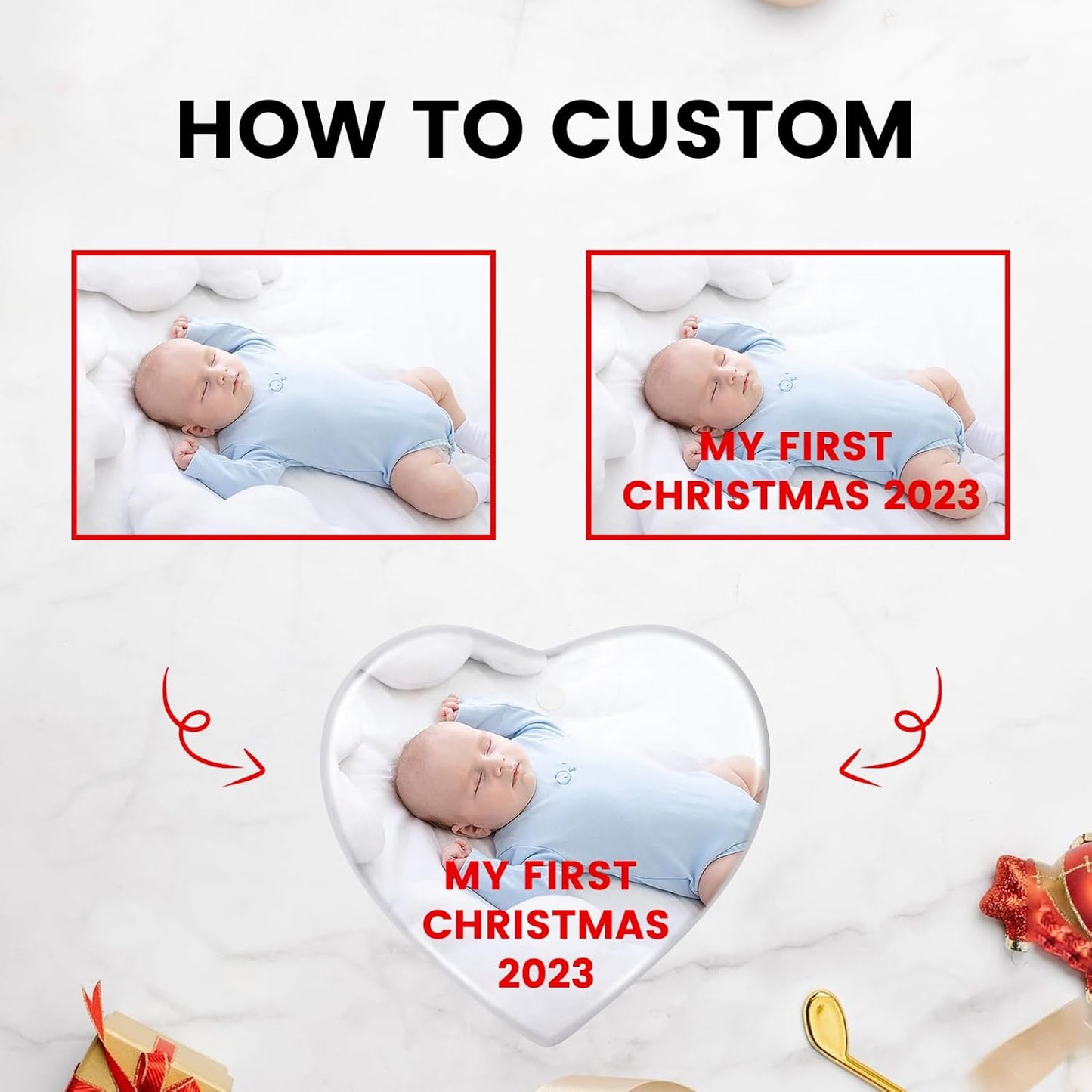 Personalized Christmas Ornaments 2025, Double-Side Custom Christmas Ornament, Heart Ceramic Photo Ornament Christmas Tree Decorations for Kids, Mom, Dad, Family, Loved One