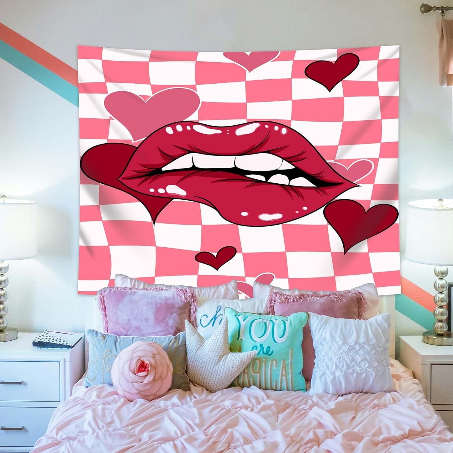 dueeia Sexy Red Lip Tapestry Wall Hanging Y2k Preppy Pink Retro Coquette Women Tapestries for Girls Bedroom Living Room Dorm Wall Decor (59.1"x39.4")