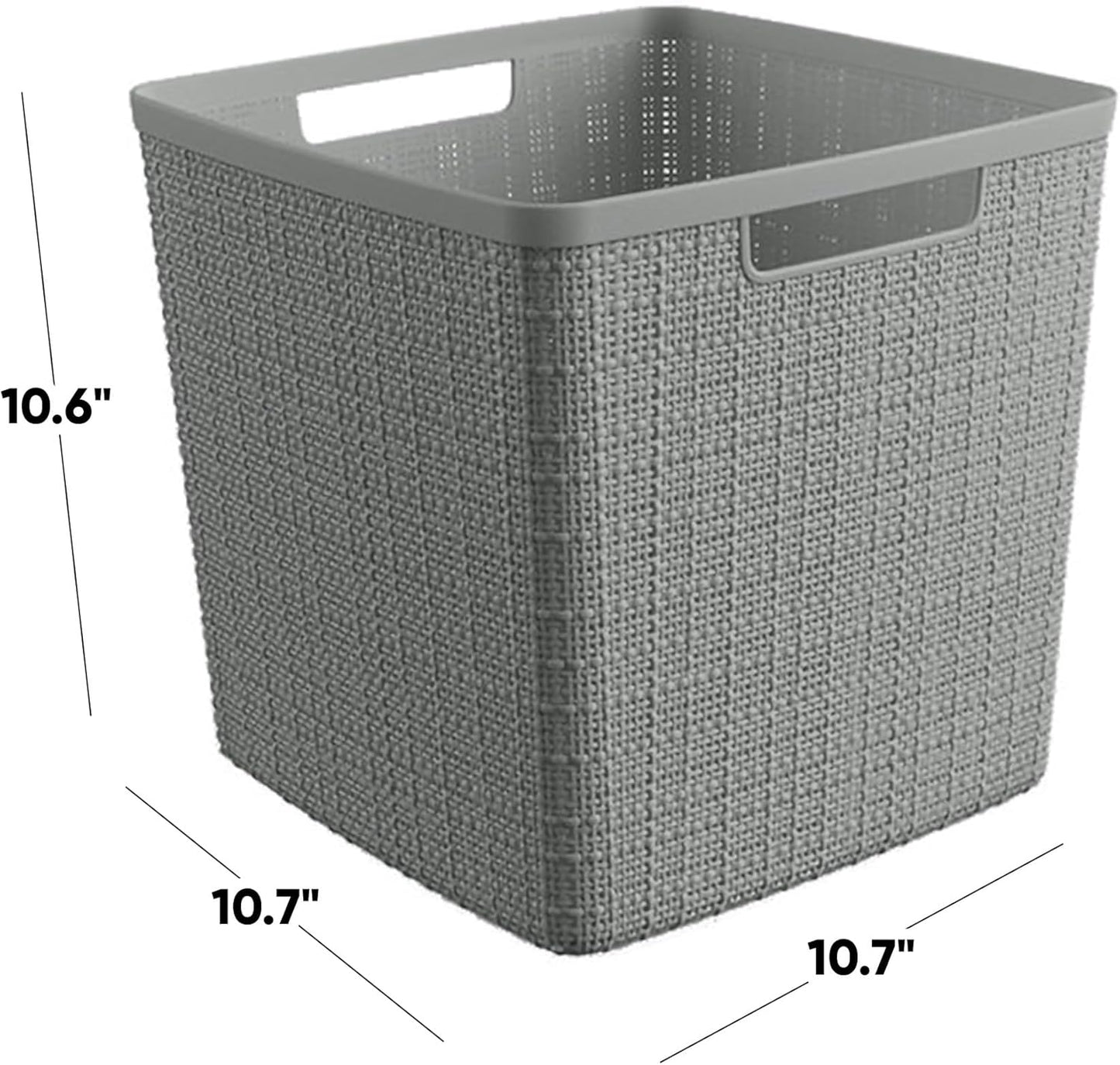 Curver Set of 4 Jute Large Cube Decorative Plastic Organization and Storage Baskets, Perfect Bins for Home Office, Closet Shelves, Kitchen Pantry and All Bedroom Essentials, Grey
