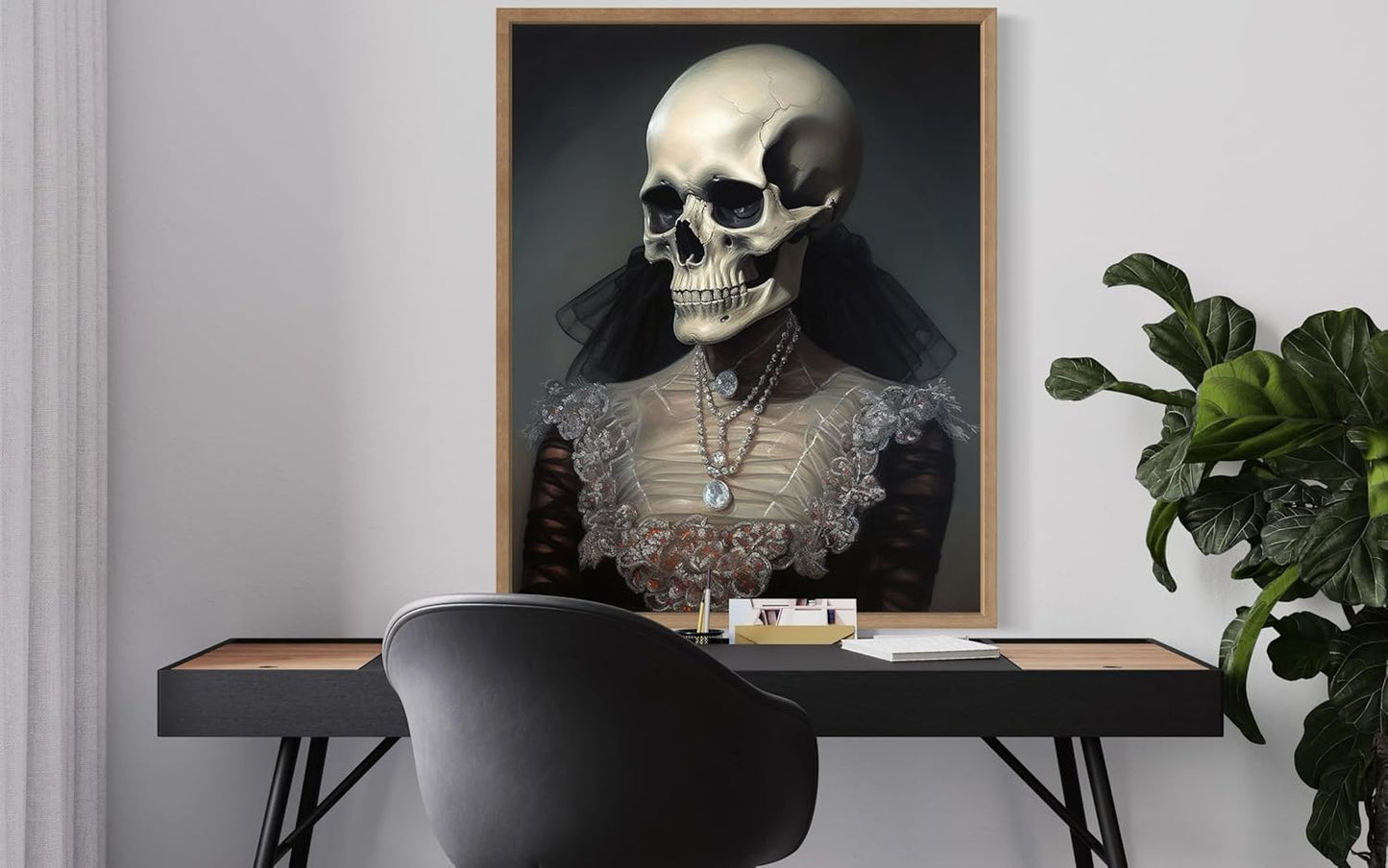 Female Skull Poster Art Print, Halloween Scary Vintage Wall Art Academia Spooky Painting Decoration for Horror Prints, Gothic Posters Bedroom Decor 89 (Female Skull, 16 x 20 inches, Wood Frame)
