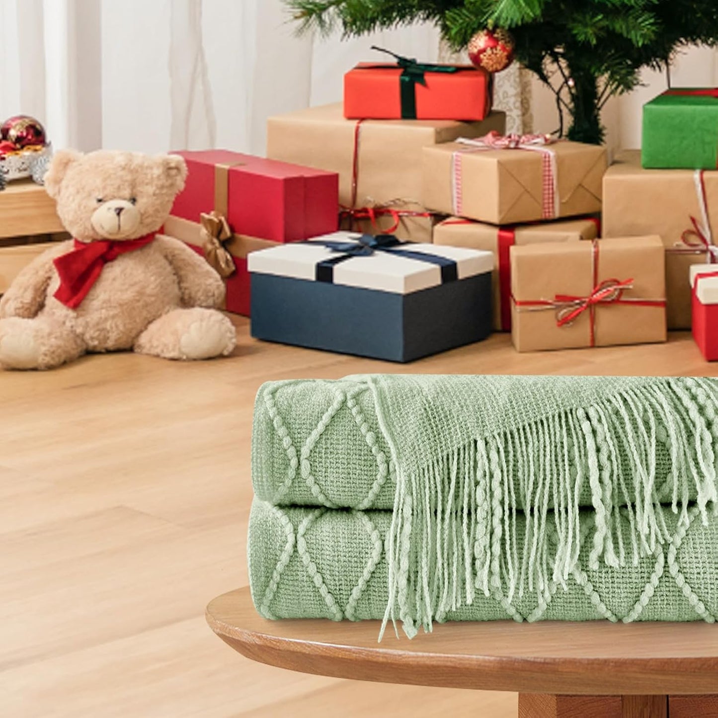 inhand Sage Green Throw Blanket for Couch, Soft Living Room Home Decor Knitted Blanket with Tassel, Outdoor Lightweight Breathable Summer Blanket, Farmhouse Warm Woven Decorative, 50"x60"