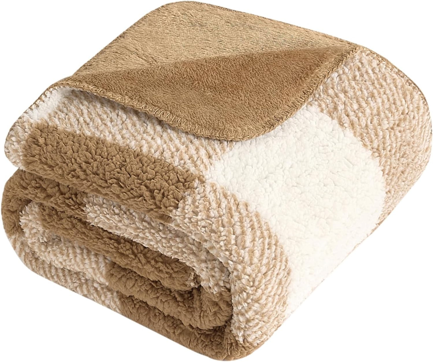 LURKA Checkered Sherpa Fleece Throw Blanket - Extra Thick and Warm Winter Soft Fuzzy Plush Blanket for Couches, Beds & Pets, Brown, 50x60 Inches
