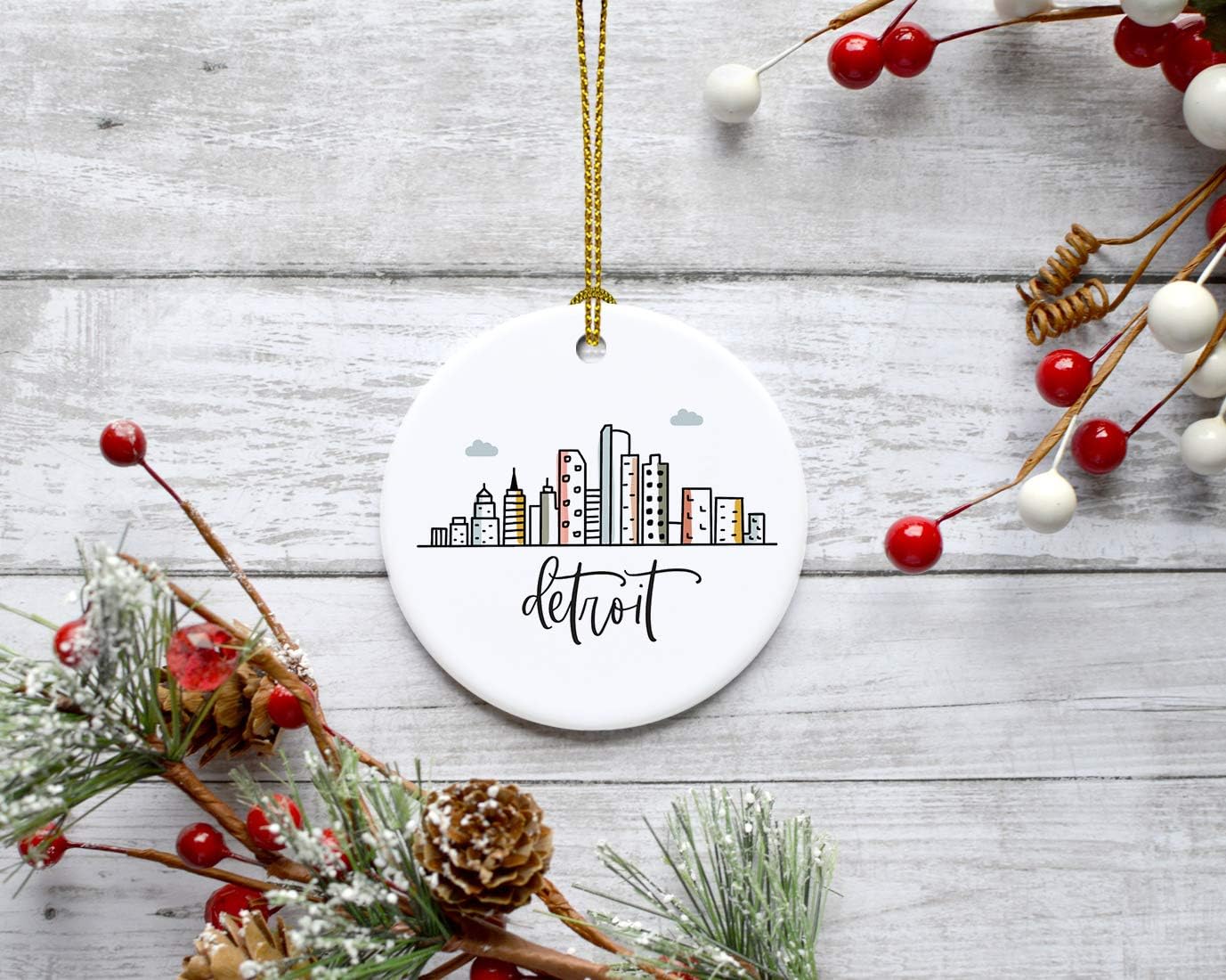 Andaz Press Round Ceramic Porcelain Christmas Tree Ornament Keepsake, Detroit Colorful City Skyline Graphic, 1-Pack, Birthday Gift Ideas Family Coworker Him Her, Includes Gift Box