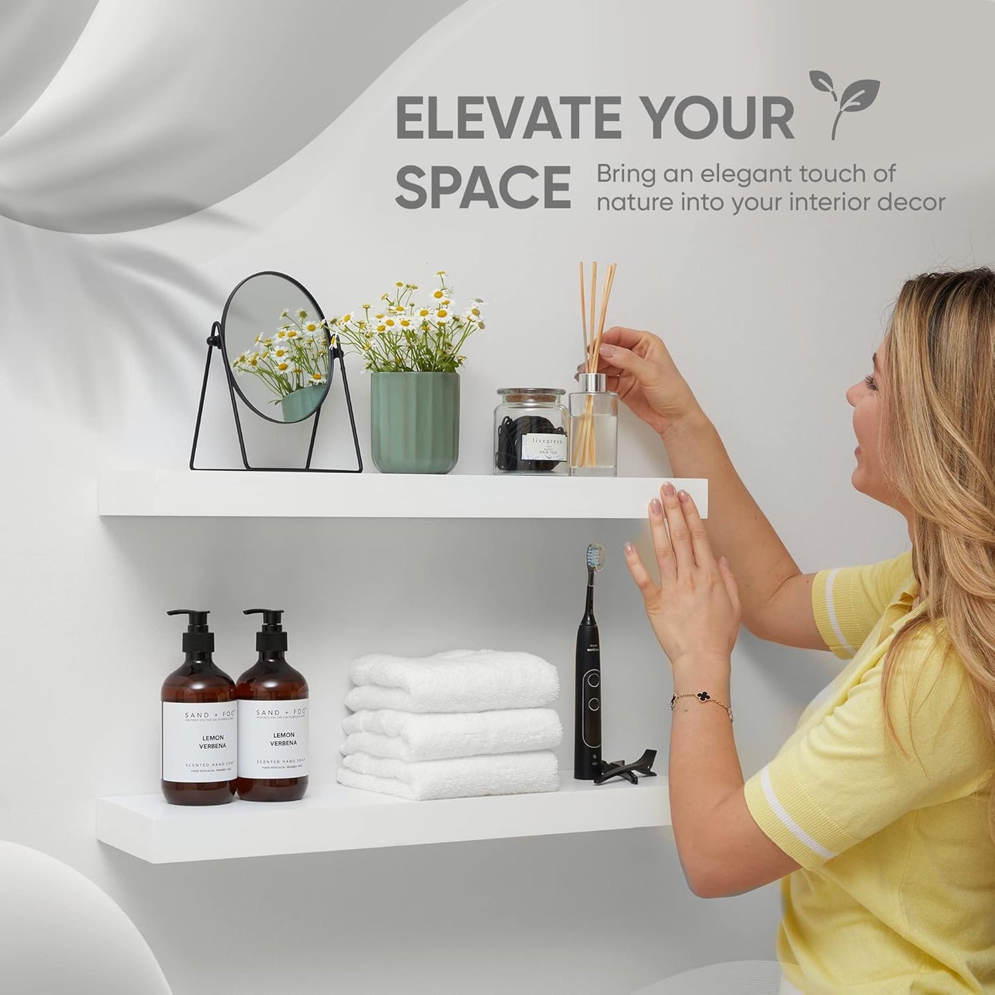 Homeforia White Floating Shelves 24 inch, High End Solid Real Wood 24inch Bathroom Floating Shelf for Wall Mounted, White Wooden 24in Floating Shelves, Heavy Duty Bracket, 24 X 6.5 X 1.75 in, Set of 4