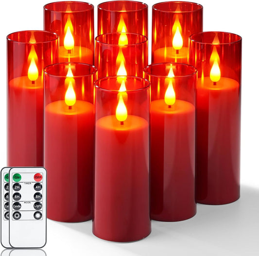 Amagic Christmas Red Flameless Candles, Battery Operated Candles with Remote and Timer, Acrylic Flickering LED Candles for Thanksgiving Decor, D2.2''xH5''6" 7", Set of 9
