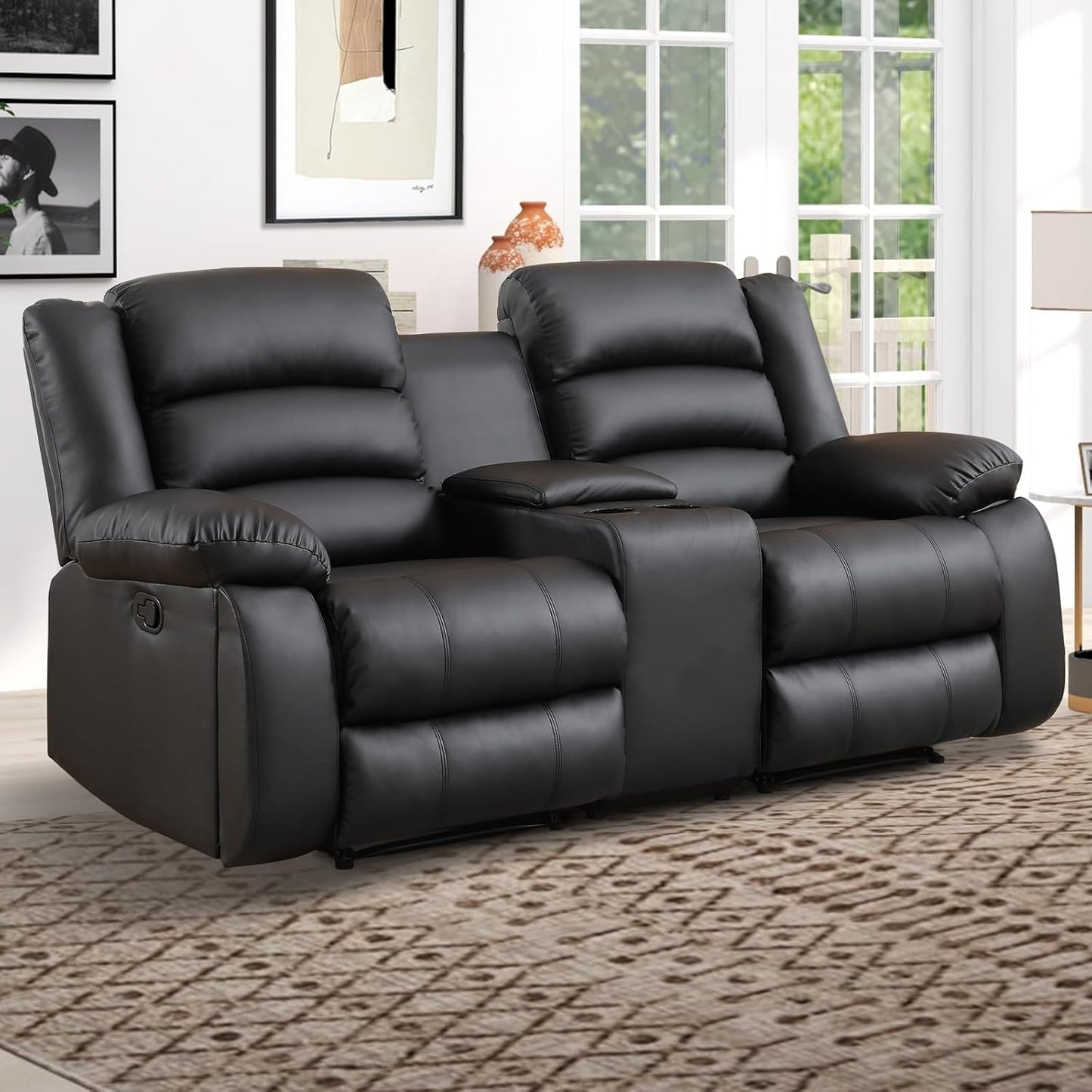 EBELLO Faux Leather Manual Loveseat Recliner, Reclining Sofa Chair with 2 Concealed Cup Holders, Hidden Storage, Overstuffed Armrest Couch Set for Living Room, Bedroom, Meeting Room(Loveseat)