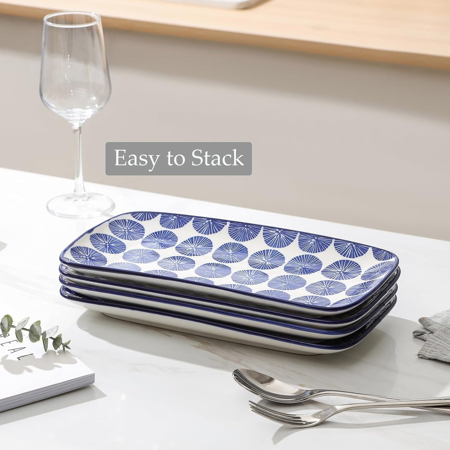 Selamica Ceramic Rectangular Serving Platters Set of 4, 12 Inch Serving Trays/Dishes for Party Entertaining, Rectangular Dinner Plates for Appetizer Salad Dessert Sushi, Vintage Blue