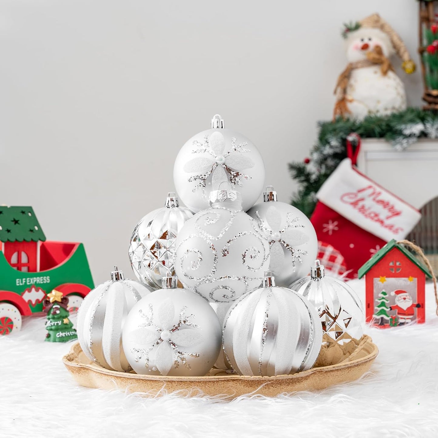 16Pcs Christmas Ball Ornaments Set, 3.15" Shatterproof Christmas Ornaments, Luxury Glitter Hanging Ornaments for Xmas Tree, Xmas Holiday, Party, Wedding (Silver)