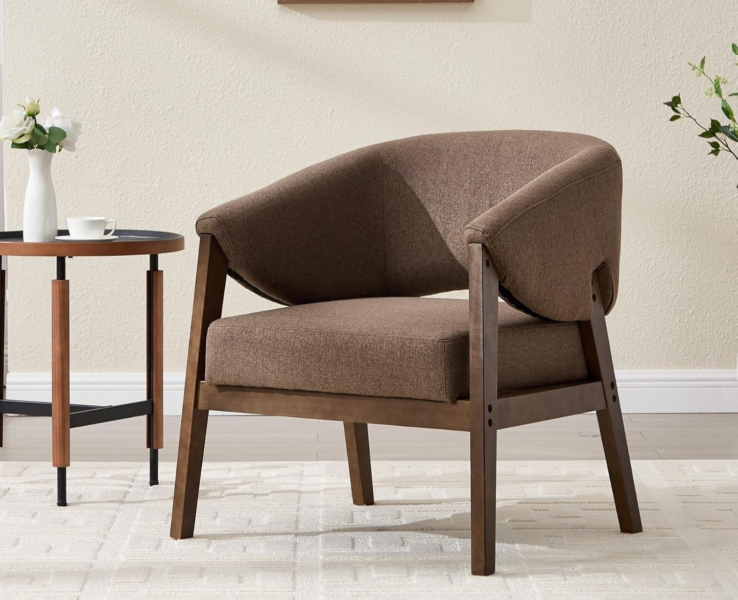 Mid-Century Modern Accent Chair, Comfy Barrel Armchair with Wide Seat, Upholstered Lounge Chair with Walnut Wood Legs for Living Room/Bedroom/Reading Corner, Linen Fabric, Brown, 1PC