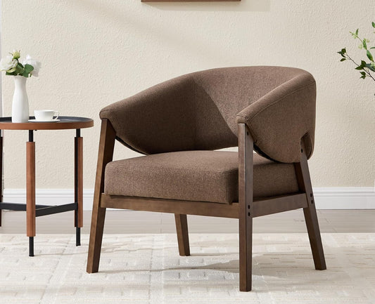 Mid-Century Modern Accent Chair, Comfy Barrel Armchair with Wide Seat, Upholstered Lounge Chair with Walnut Wood Legs for Living Room/Bedroom/Reading Corner, Linen Fabric, Brown, 1PC