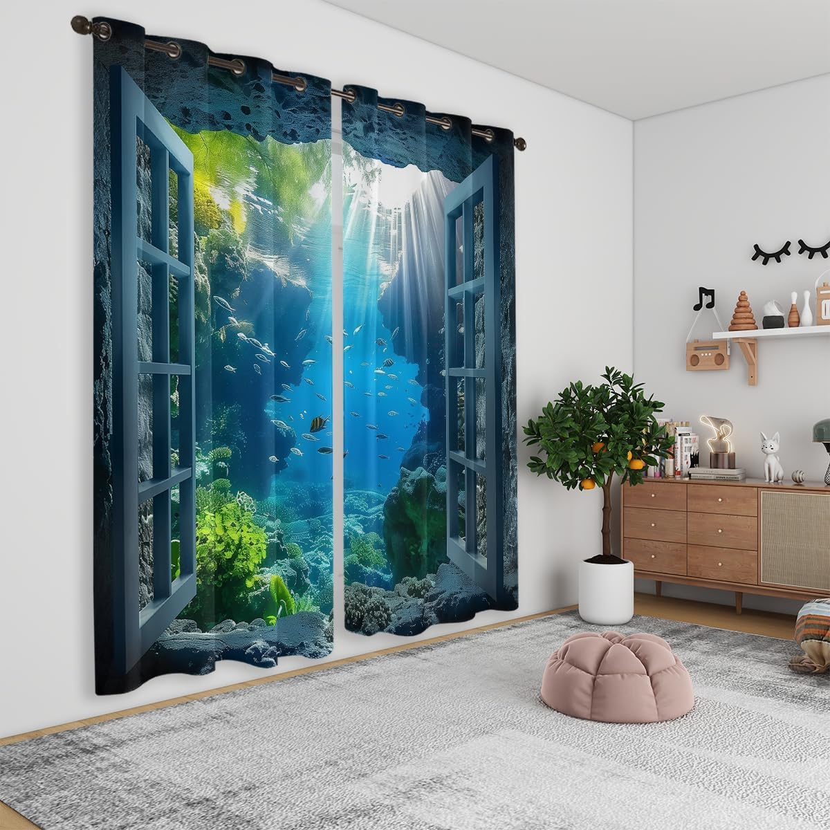 Ocean Fishs Blackout Curtains for Girls Boys Home Decor, Underwater Tropical Fish Undersea Coral Grommet Thermal Insulated Drapes Darkening Window Curtain for Bedroom Living Room, 63 x 63 Inch