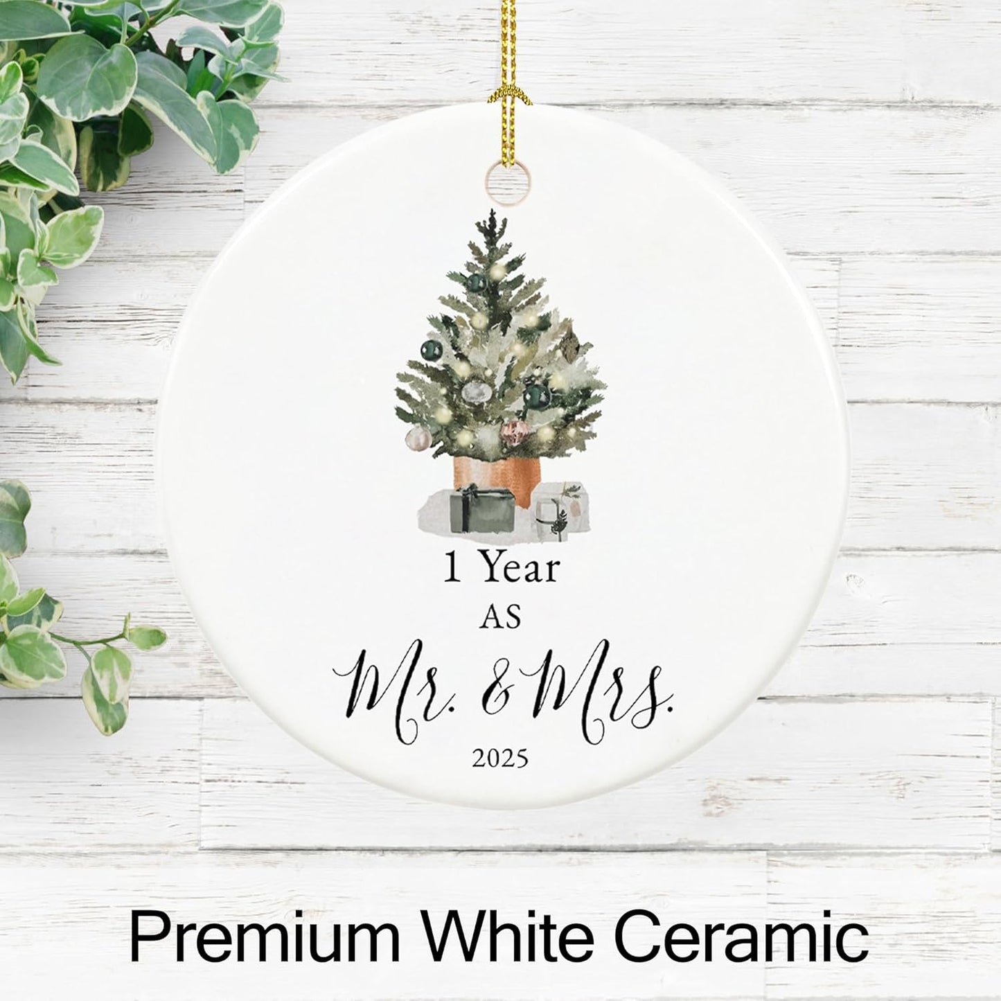 First Anniversary Ornament Gifts for Couple, Wedding Keepsake for 1 Year as Mr and Mrs, Ceramic Christmas Ornament With Ribbon and Box