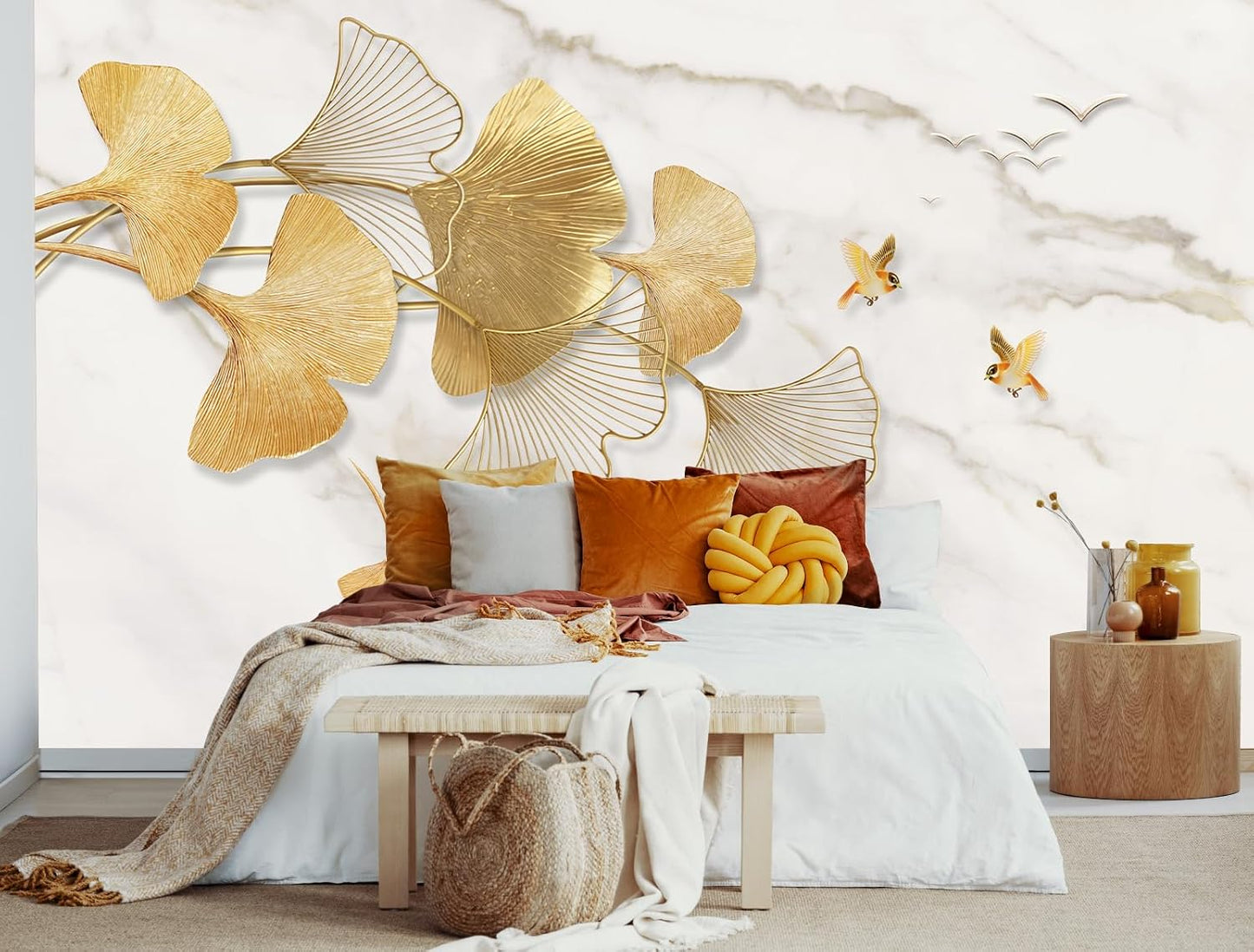 Golden Ginkgo Leaves Wall Mural Fake Marble Wallpaper for Bedroom Living Room (Not Peel n' Stick)