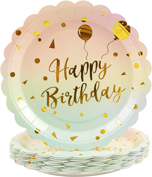 50PCS Pastel Rainbow Birthday Paper Plates, 7 Inch Disposable Happy Birthday Dessert Plates Cake Plate Scalloped Colorful Gold Dot Party Plate Aniversary Party Supplies Decorations for Boys Girls