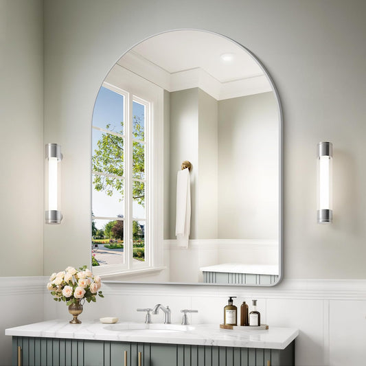 Arched Bathroom Mirror, 30"x40" Silver Arched Mirror, Wall Mounted Mirror, Silver Vanity Wall Mirror w/Metal Frame for Bedroom, Entryway, Living Room, Vertically Hanging or Leaning Against