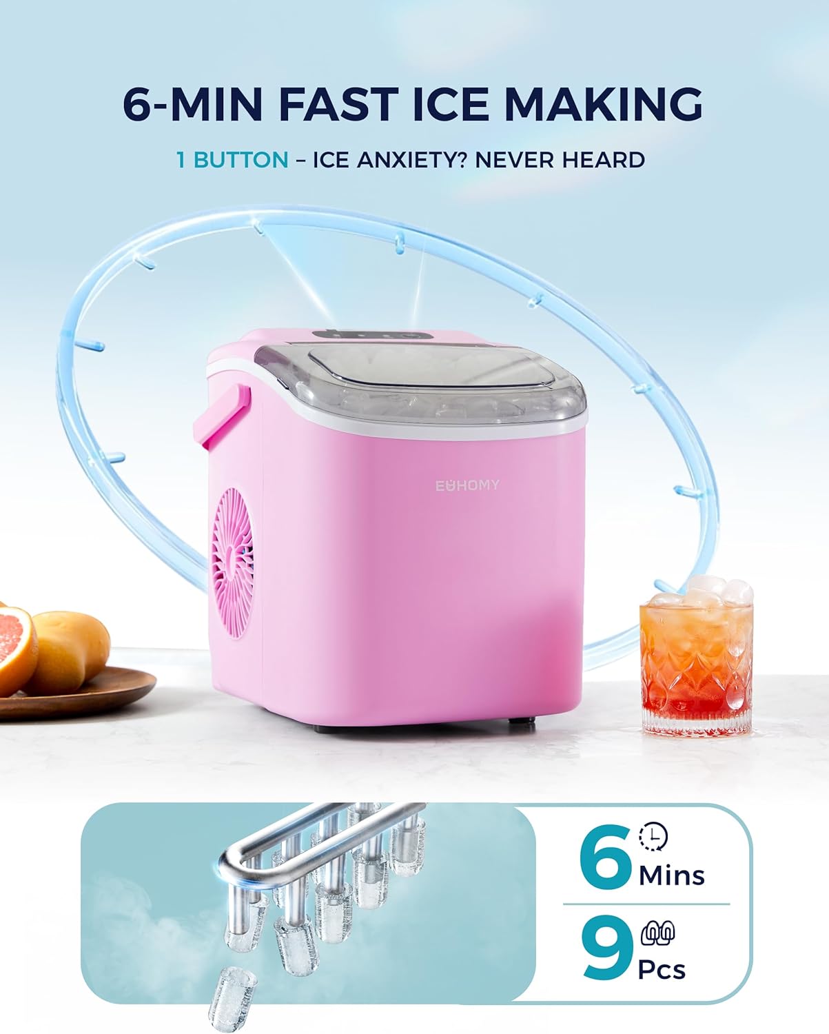 EUHOMY Countertop Ice Maker Machine with Handle, 26lbs in 24Hrs, 9 Ice Cubes Ready in 6 Mins, Auto-Cleaning Portable Ice Maker with Basket and Scoop, for Home/Kitchen/Camping/RV. (Pink)