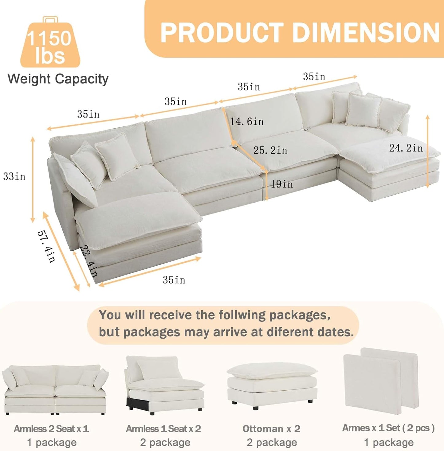 Sectional Sofa 4 Seater with Movable 2 Ottomans,Oversized Modular Couch Deep Seat (Beige, 146.5 inch-U)