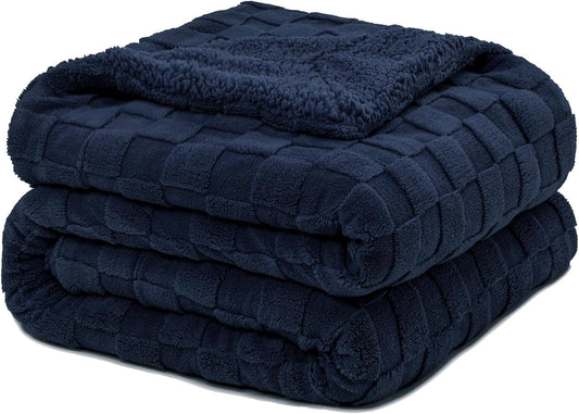 Pawque Super Soft Cozy Throw Blanket for Couch Bed - Fluffy Sherpa Fleece Reversible Thick Warm Fuzzy Blanket for All-Season, 3D Checkered Jacquard Elegant Decorative Blankets, Navy Blue, 50" x 60"