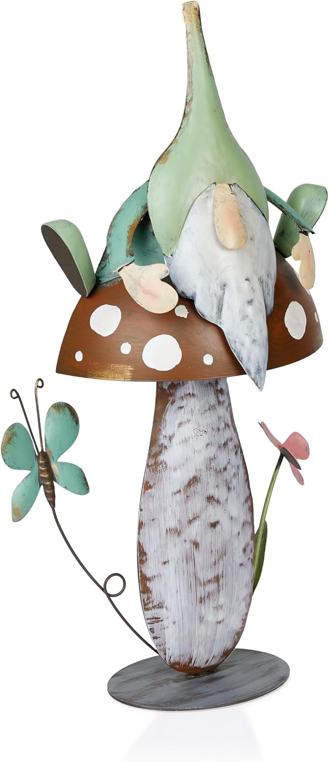 Alpine Corporation - Metal Gnome with Mushroom – 20" Tall Durable Iron Garden Statue, Whimsical Outdoor Décor for Patio, Lawn, Yard (Multicolor)