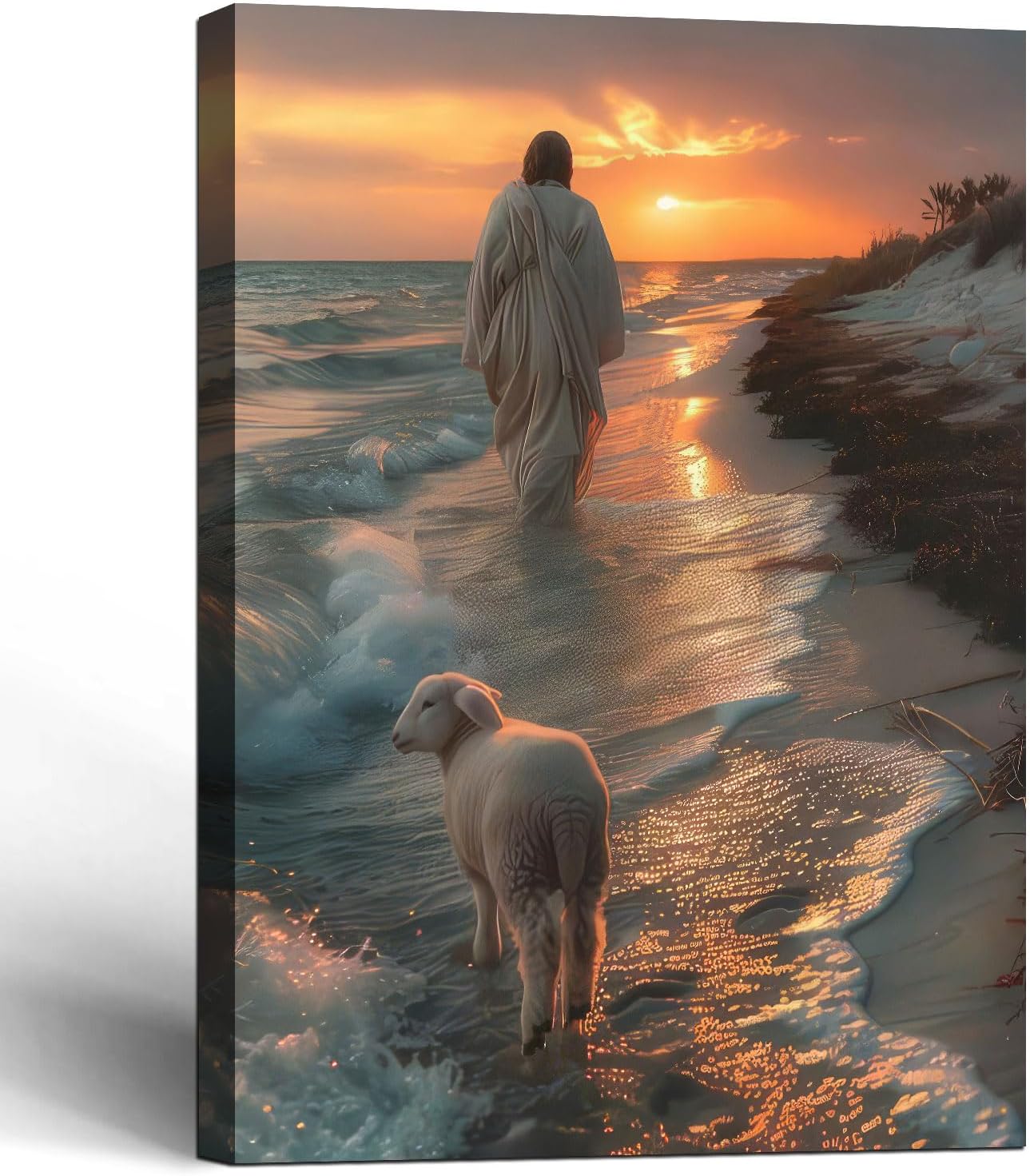Framed Canvas Jesus and the Lamb Walking on the Beach Wall Decor Wall Art Gallery Decor Unique Print Wall Decor for Living Room Bedroom Church Home Decor 16x24 Inch Ready to Hang