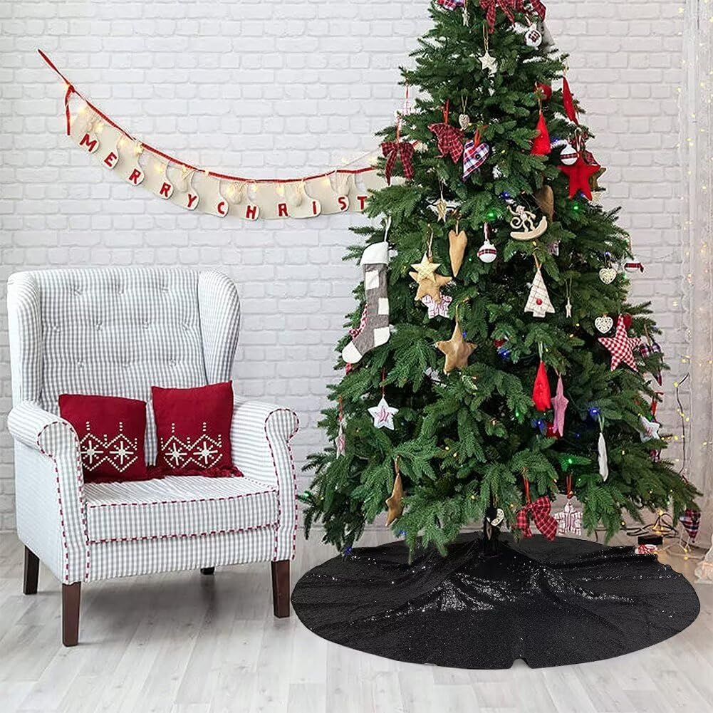 Eternal Beauty Christmas Tree Skirt, 70 Inch Black Halloween Sequin Tree Skirt Small Xmas Tree Skirt for Christmas Tree Decorations