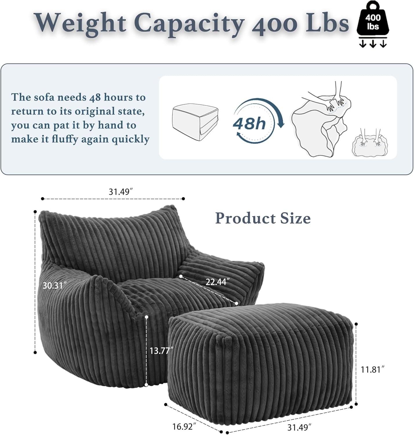 Oversized Bean Bag Chaise Lounge Chair Indoor for Adults with Armrests & Ottoman - Giant Comfy Gray Beanbag Floor Sofa Cloud Accent Chair for Reading, Gaming, Cozy Plush Cloud Mini Couch