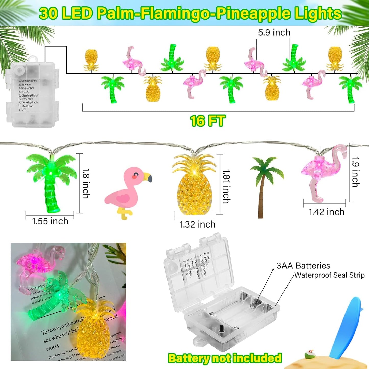 Couah 30 LED 16Ft Summer Beach Hawaiian String Lights - 8 Modes & Timer - Flamingo Pineapple Palm Tree Fairy Lights - Battery Operated for Tropical Party Pool Decorations