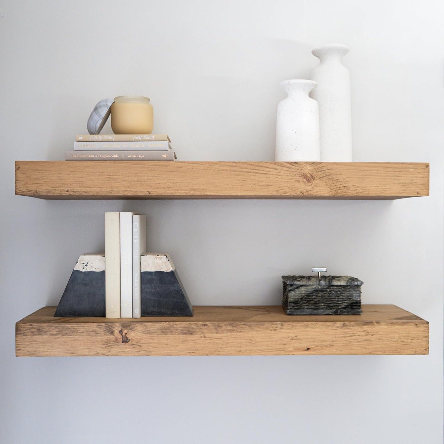 Modern Floating Shelves 3 Inches Thick for Wall, Wide Shelves for Kitchen, Living Room, Bedroom, and Bathroom, Natural Pine Wood, Rustic Wooden Shelf, (Set of 2) (Aged Oak, 24Lx3Hx8D)