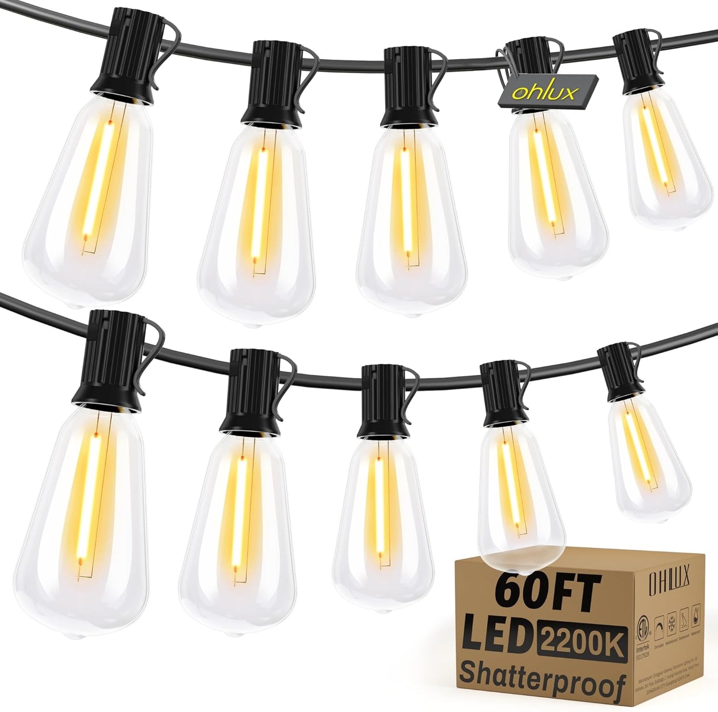 OHLUX Bistro String Lights Outdoor, 60FT Deck Lights with 32 Shatterproof ST38 Vintage Edison Bulbs, 2200K Warm Dimmable Connectable LED Light String for Outside Porch Yard Gazebos Balcony Garden