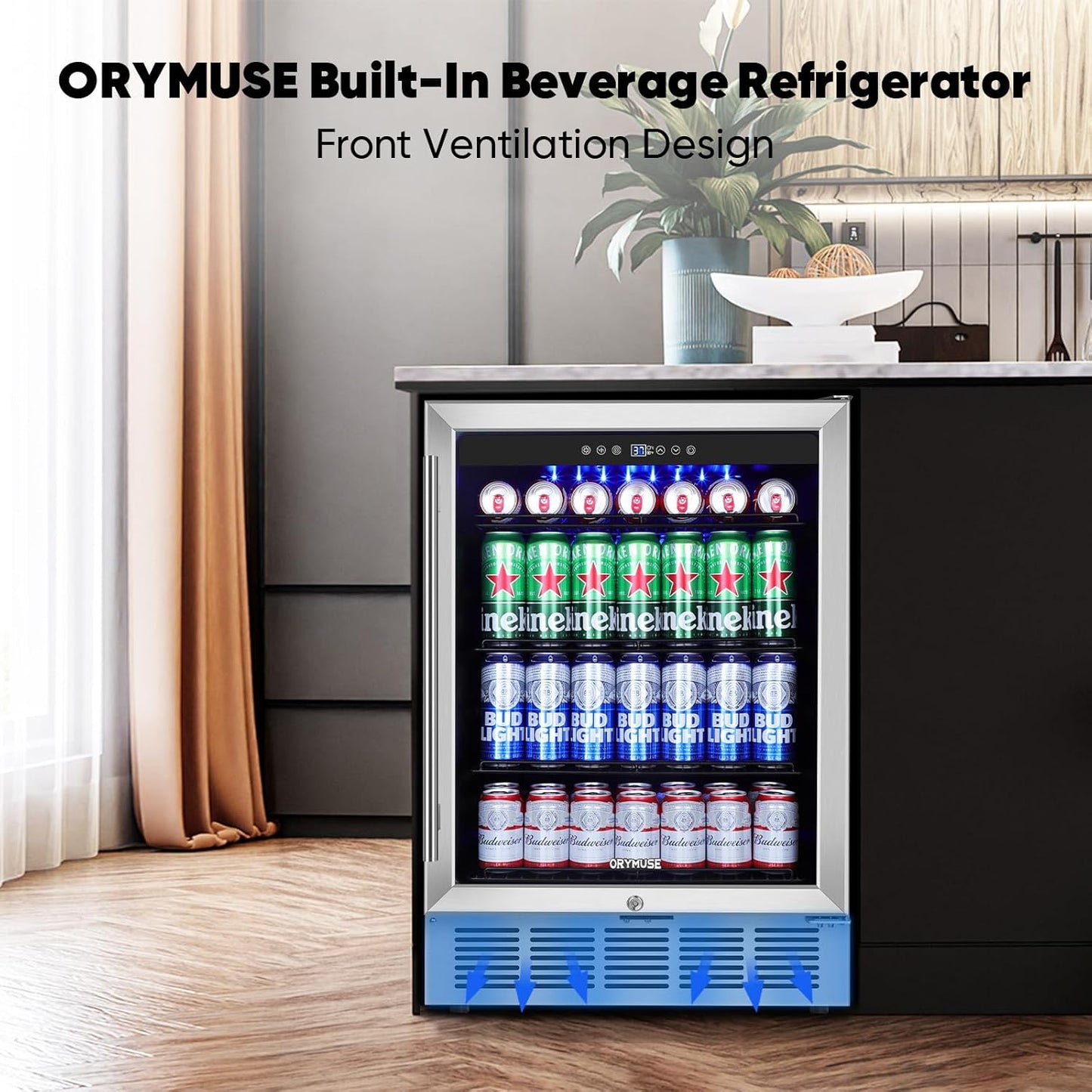 24" Beverage Refrigerator & Cooler, 180 Cans Under Counter Fridge with Lock, Glass Door & Powerful Cooling Compressor - Quiet, Built-in/Freestanding Drink Fridge