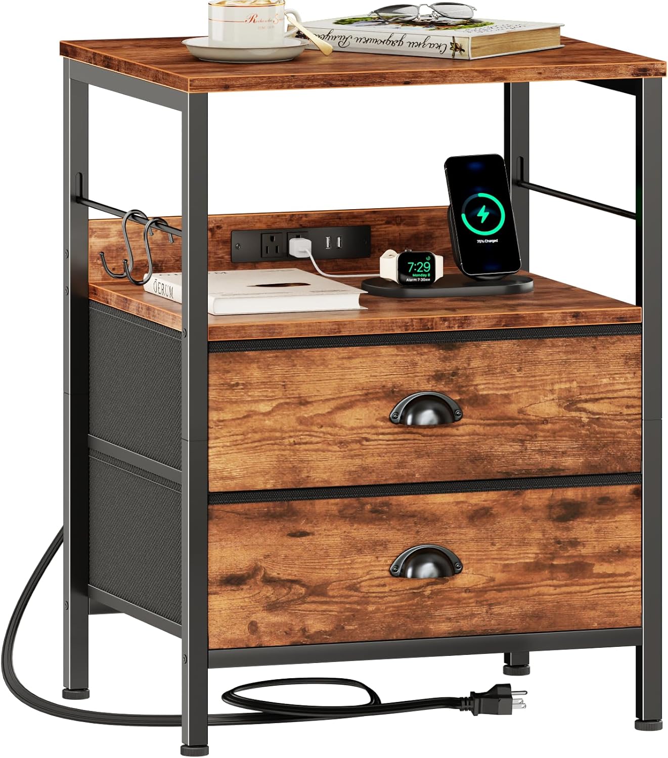 Furologee Night Stand with Charging Station, Bedside Table with Fabric Drawers, End Table with USB Ports & Outlets, Rustic Nightstand with Storage Shelf & Hooks, for Living Room/Bedroom, Rustic Brown