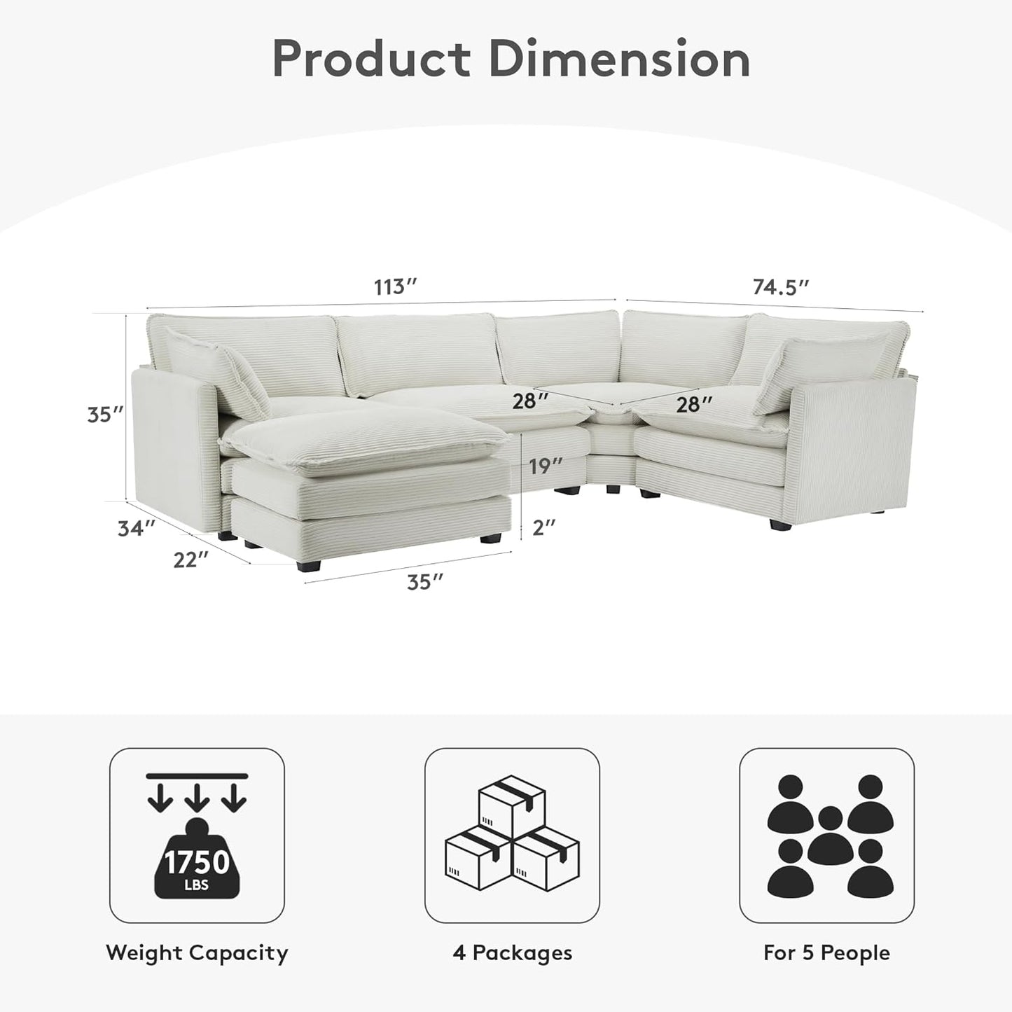ROWHY 113'' Modular Sectional Cloud Couch, 5 Seater Corner Sofa Big Comfy Corduroy Oversized L Shaped Couch with 2 Pillows, Ottoman, Deep Seat Sectional Couches for Living Room Office, Light Grey
