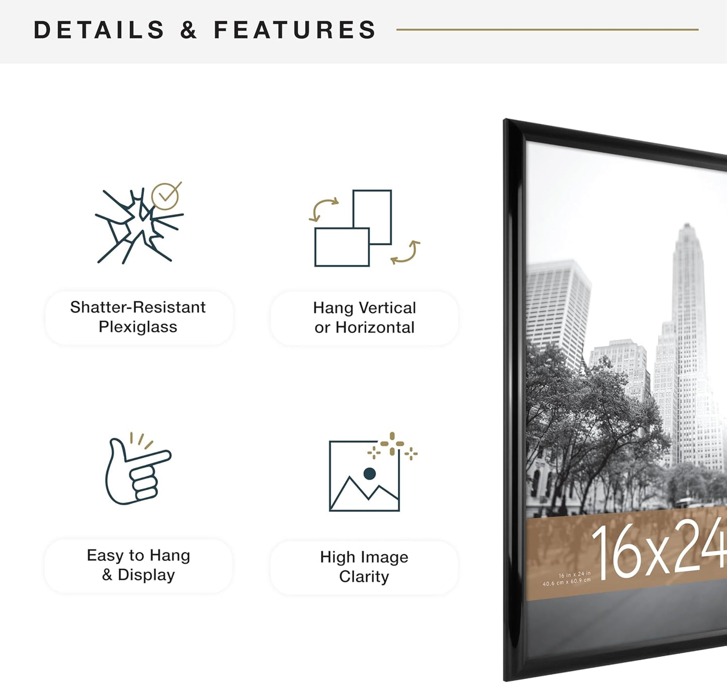 MCS Trendsetter 16x24 Poster Frame Black High-Gloss, Vertical & Horizontal Wall Hanging Large Picture Frame for Photos, Posters & Art Prints (1-Pack)