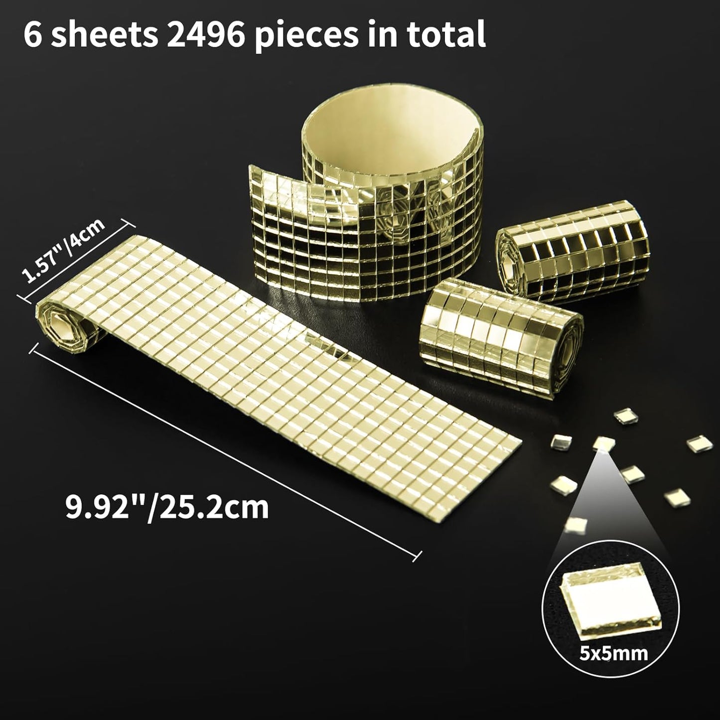 Art3dwallpanels 6 Pack Self-Adhesive Glass Mirror Mosaic Tiles 2364 Pieces Small Square Mirror Tiles Sticker for DIY Craft Decoration, Disco Ball Gold